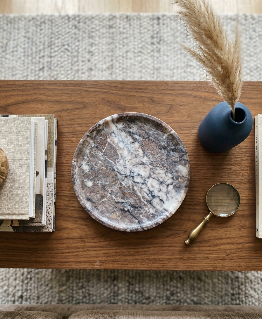 Dark Purple Marble Decorative Tray – 10 Inch Polished Natural Stone Plate – Luxury Coffee Table Decor – Vanity Organizer – Handmade Marble Dish