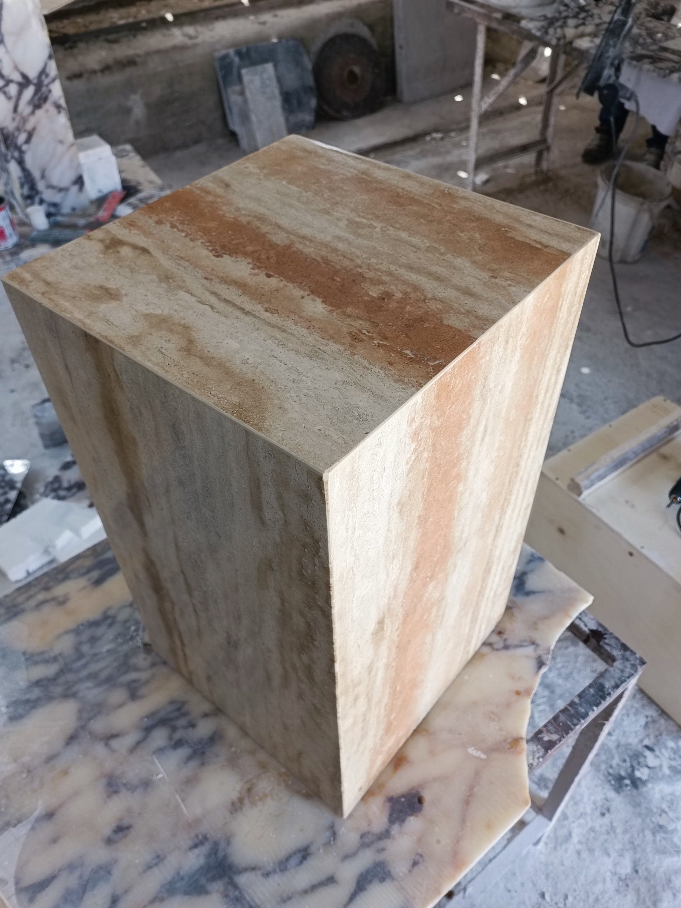 Handmade Travertine Cube Table: Modern Nightstand, 23.6" Height