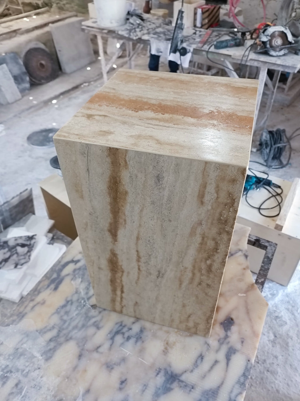 Handmade Travertine Cube Table: Modern Nightstand, 23.6" Height