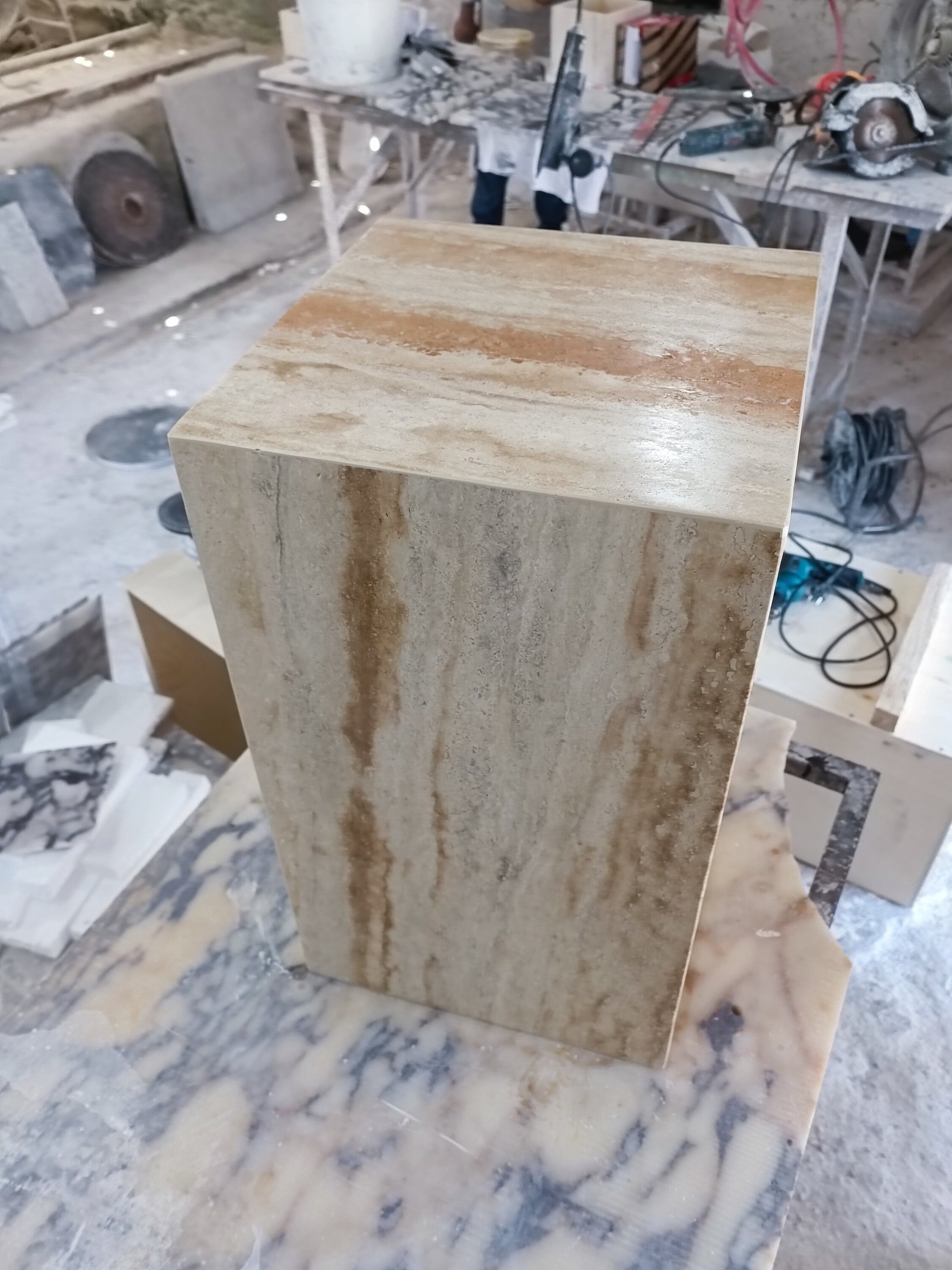Handmade Travertine Cube Table: Modern Nightstand, 23.6" Height