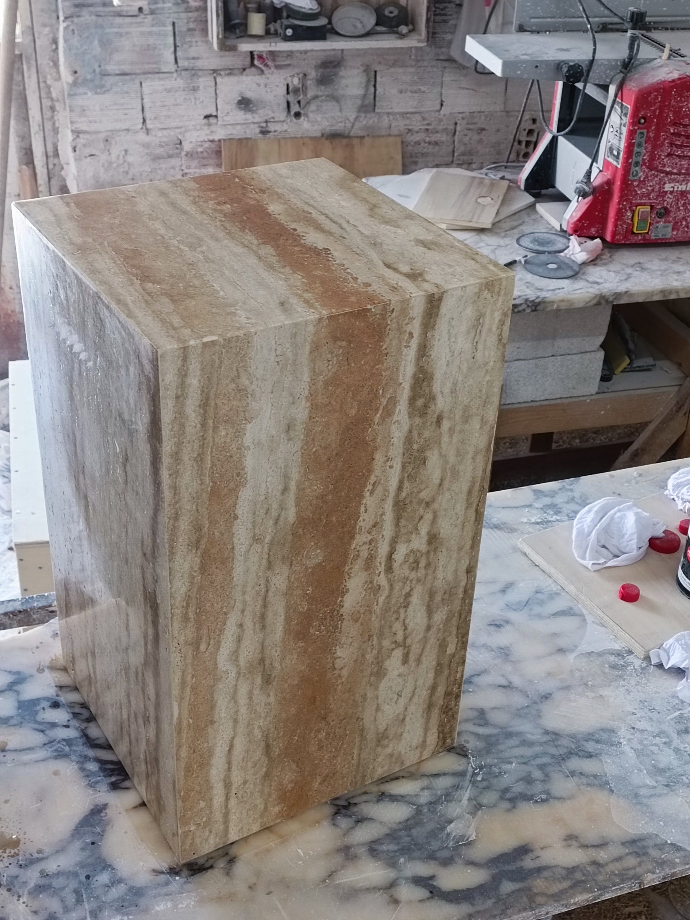 Handmade Travertine Cube Table: Modern Nightstand, 23.6" Height