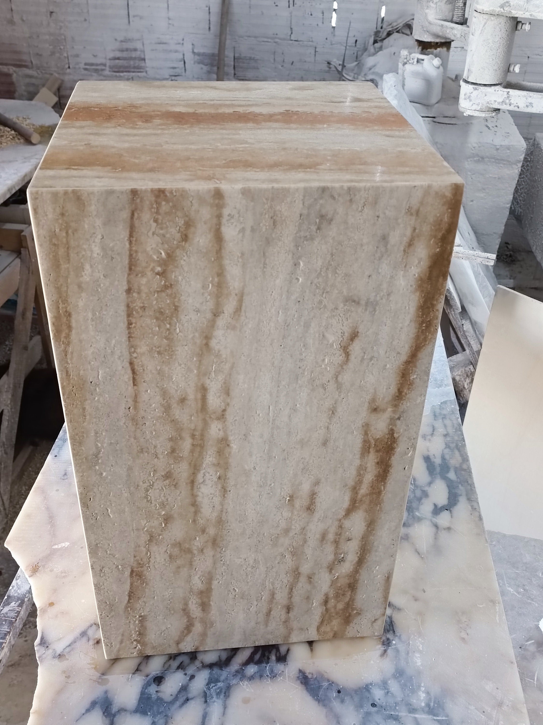 Handmade Travertine Cube Table: Modern Nightstand, 23.6" Height