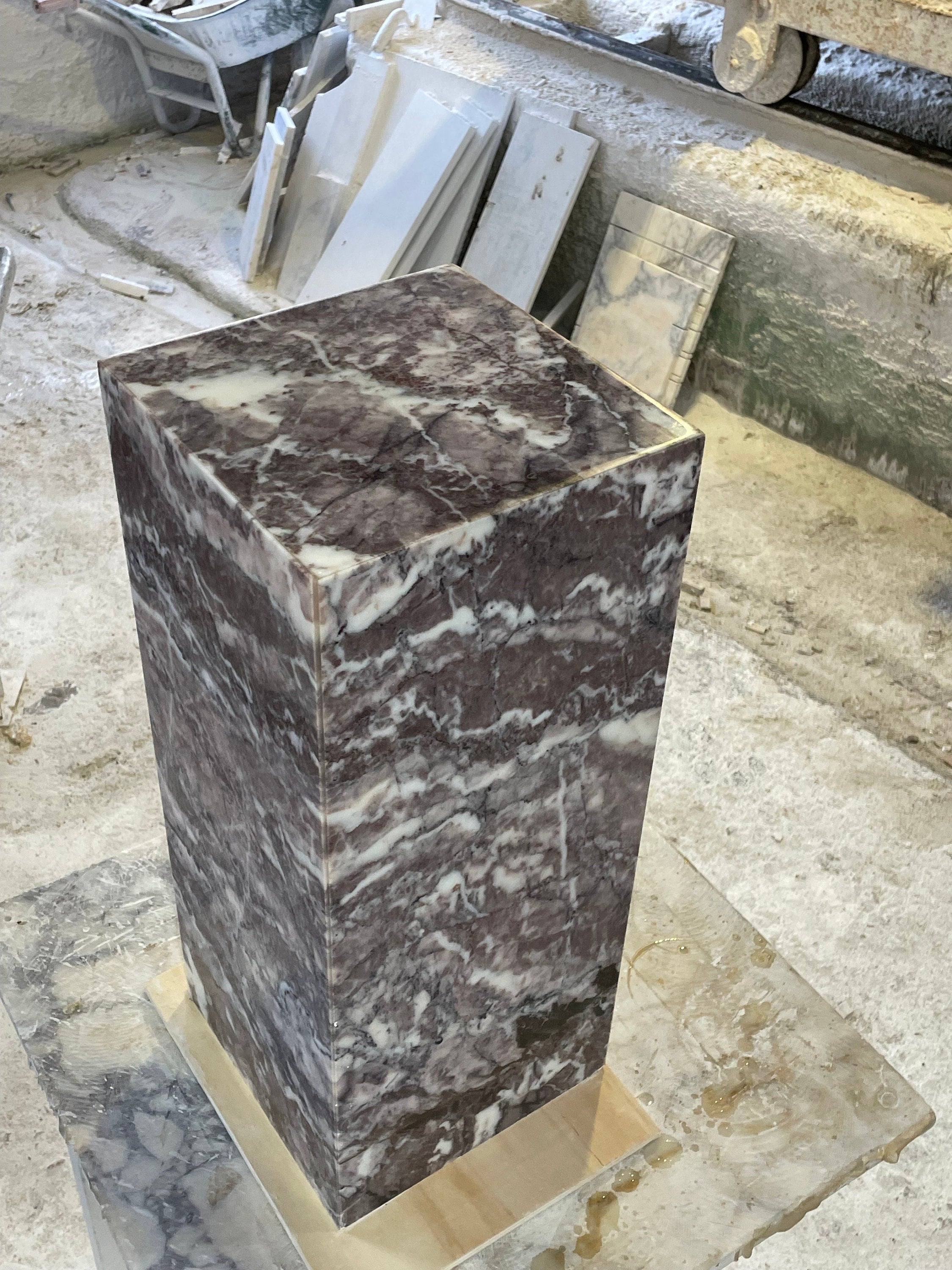 Handmade Dark Calacatta Viola Marble Plinth: Cube Side Table