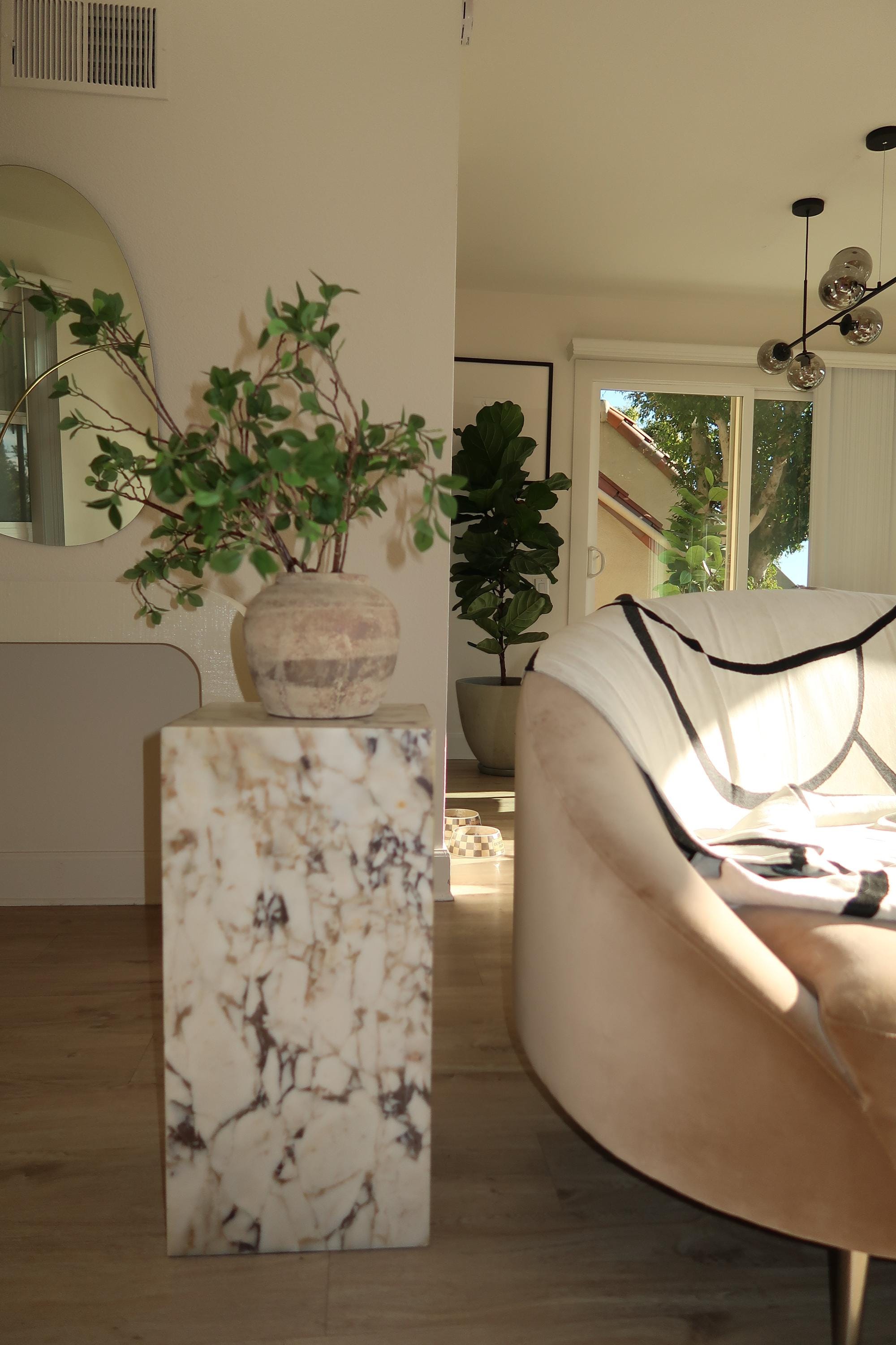 Handmade Calacatta Viola Marble Pedestal: Modern Cube Side Table